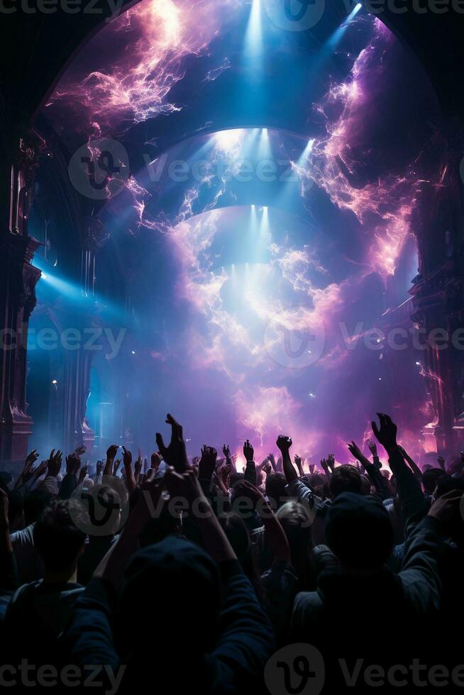 Stage lighting shining down from the top, many people holding their mobile phone flash, dancing in blue and purple. AI generative photo