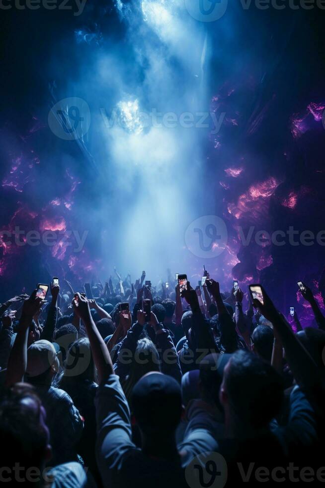 Stage lighting shining down from the top, many people holding their mobile phone flash, dancing in blue and purple. AI generative photo