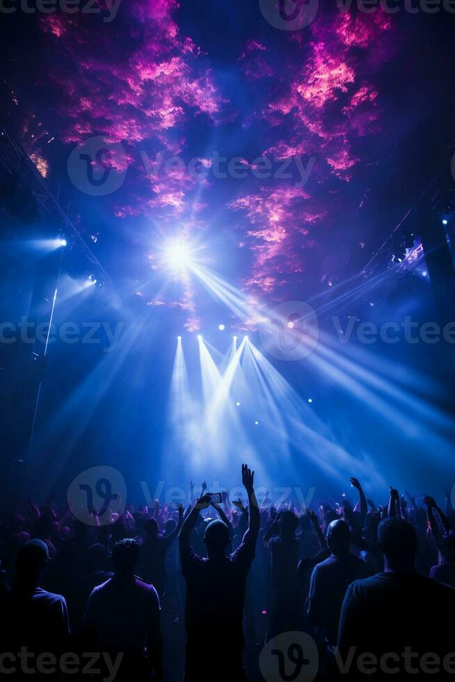 Stage lighting shining down from the top, many people holding their mobile phone flash, dancing in blue and purple. AI generative photo