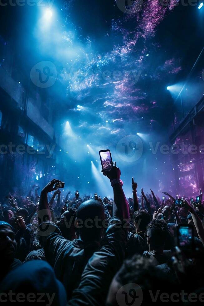 Stage lighting shining down from the top, many people holding their mobile phone flash, dancing in blue and purple. AI generative photo