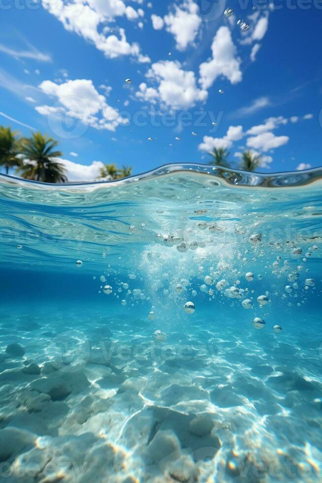 cielo azul agua, blanco arenoso playa. ai generativo foto