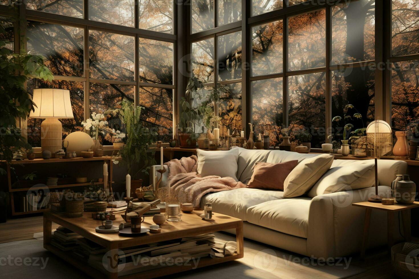 The window shade is pulled down halfway, allowing a soft, diffused light to filter into the room, creating a cozy atmosphere. AI generative photo