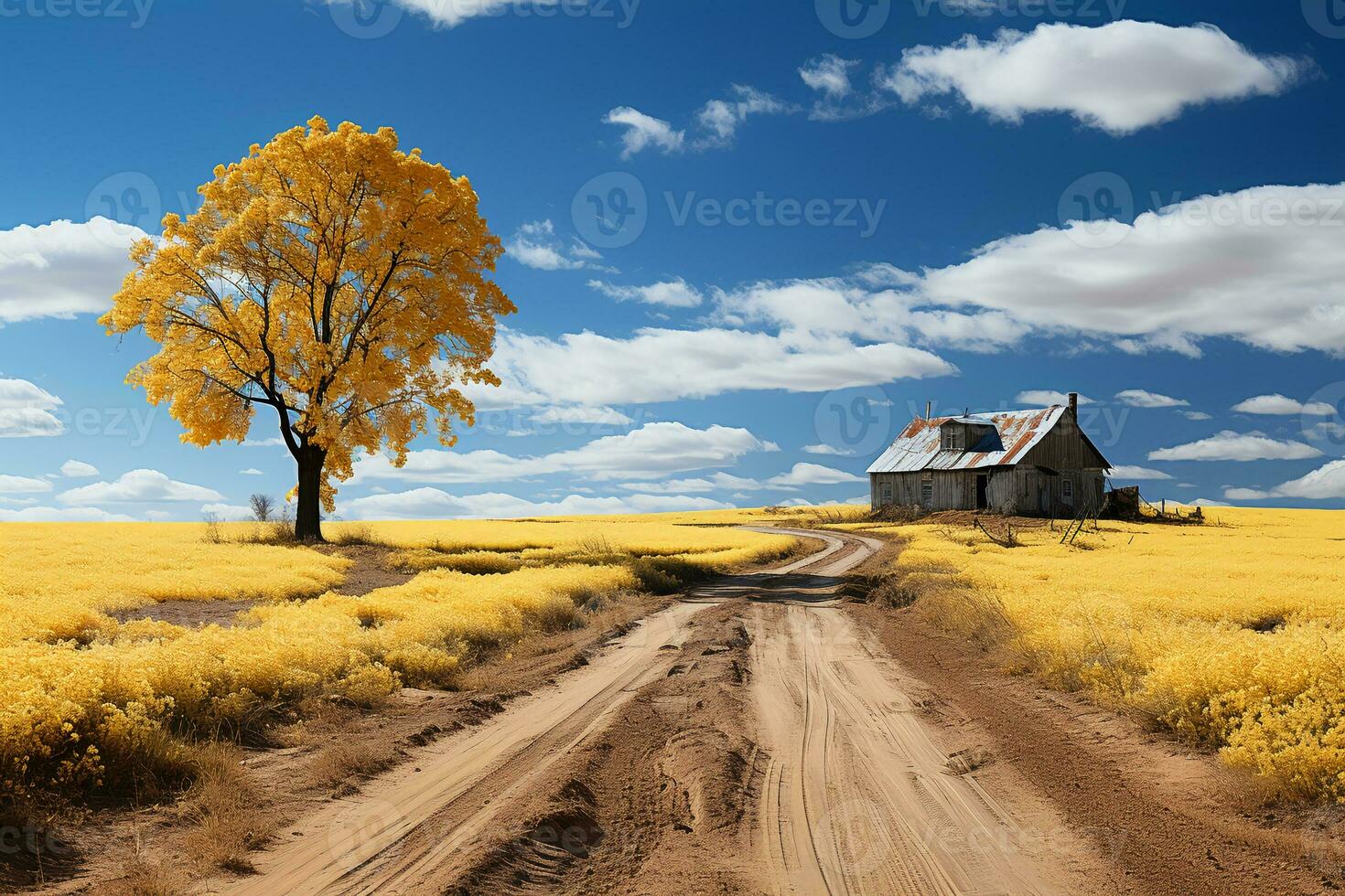 Yellow field, blue sky. AI generative photo