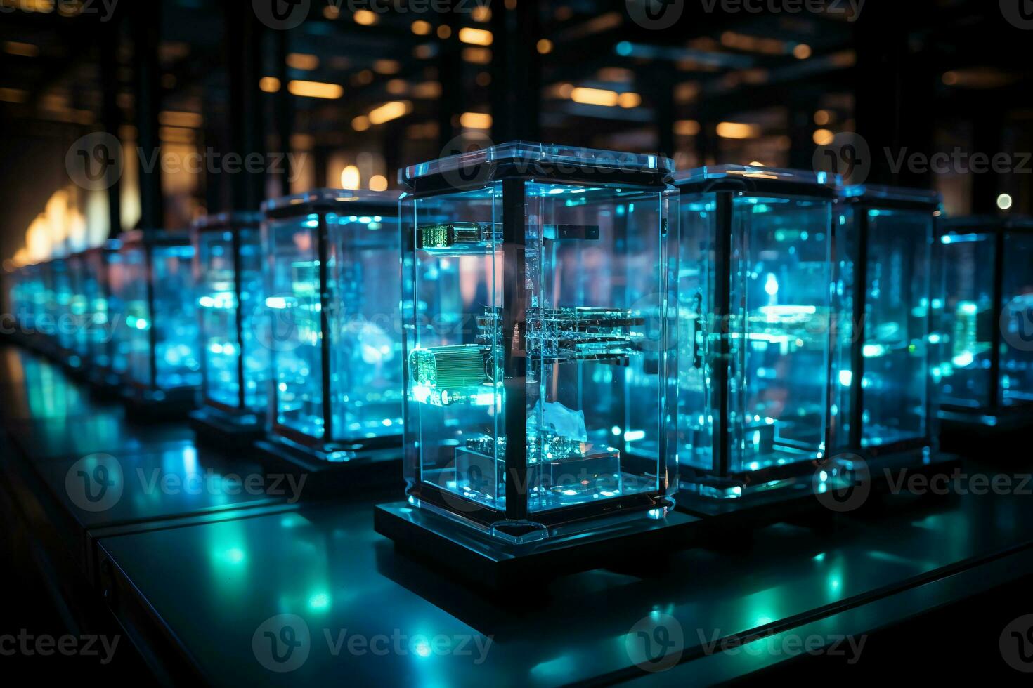 A row of black server racks, in the style of transparent layers, metallic rotation, digitally. AI generative photo