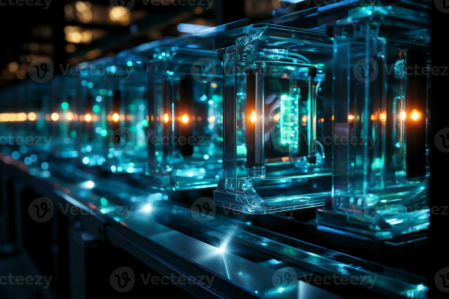 A row of black server racks, in the style of transparent layers, metallic rotation, digitally. AI generative photo