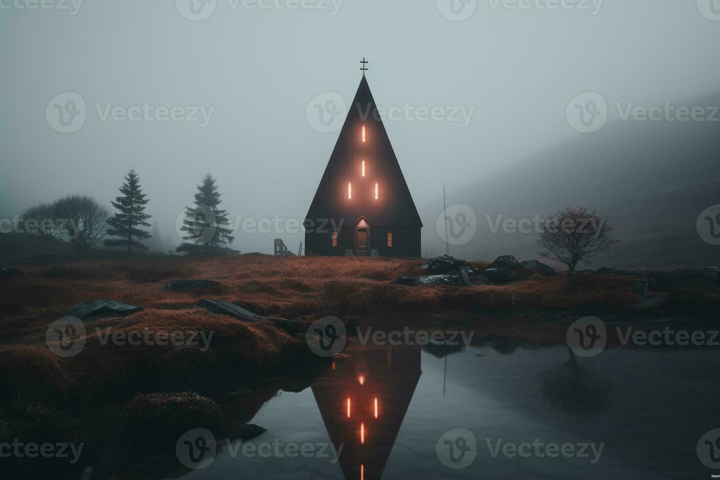 Professional landscape photography in the mystical fog landscape with a church. AI generative photo