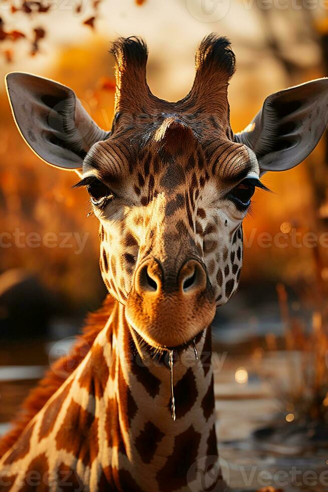 A giraffe forages on the savanna in Africa. AI generative photo