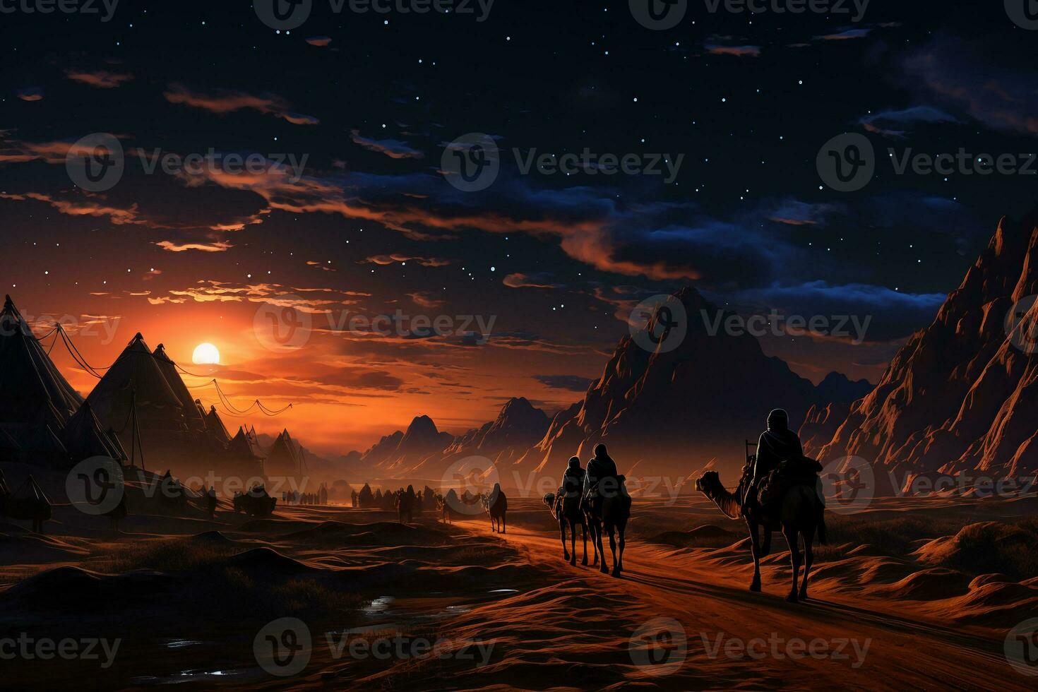 Camel procession in desert wonder, walking on rolling sand dunes, star trail photography. AI generative photo