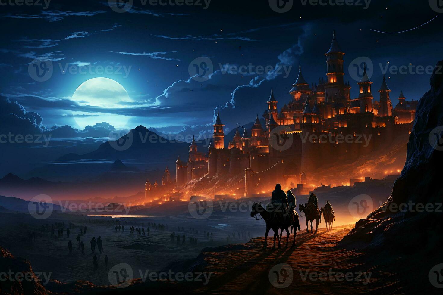 Camel procession in desert wonder, walking on rolling sand dunes, star trail photography. AI generative photo
