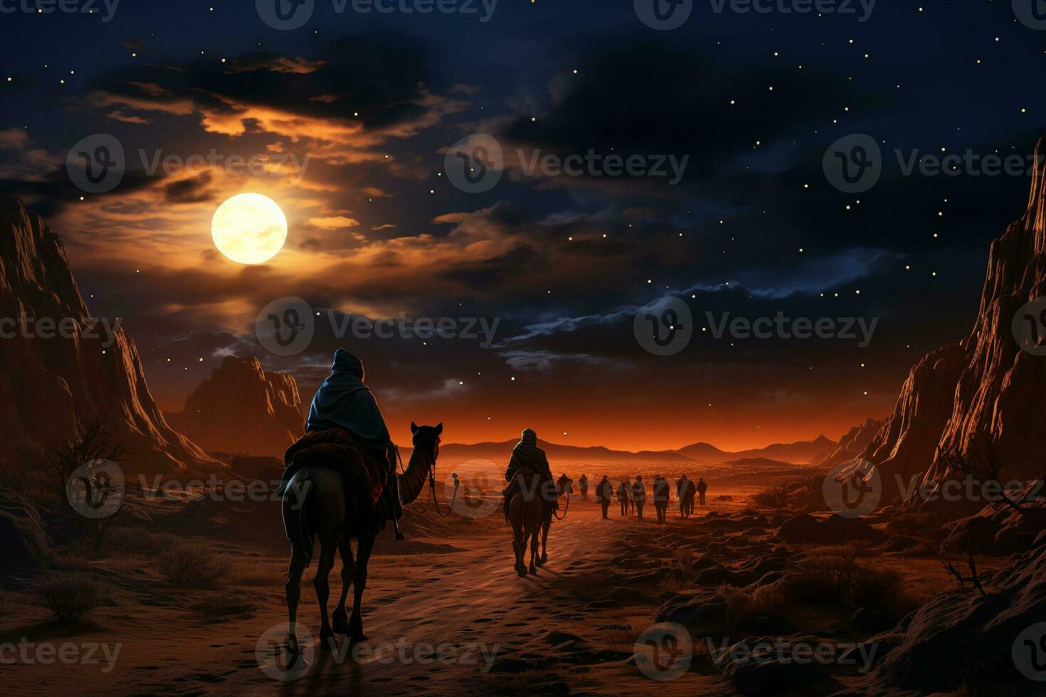 Camel procession in desert wonder, walking on rolling sand dunes, star trail photography. AI generative photo