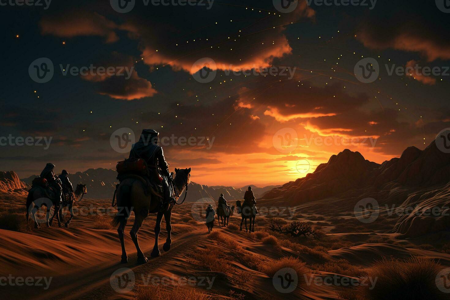 Camel procession in desert wonder, walking on rolling sand dunes, star trail photography. AI generative photo