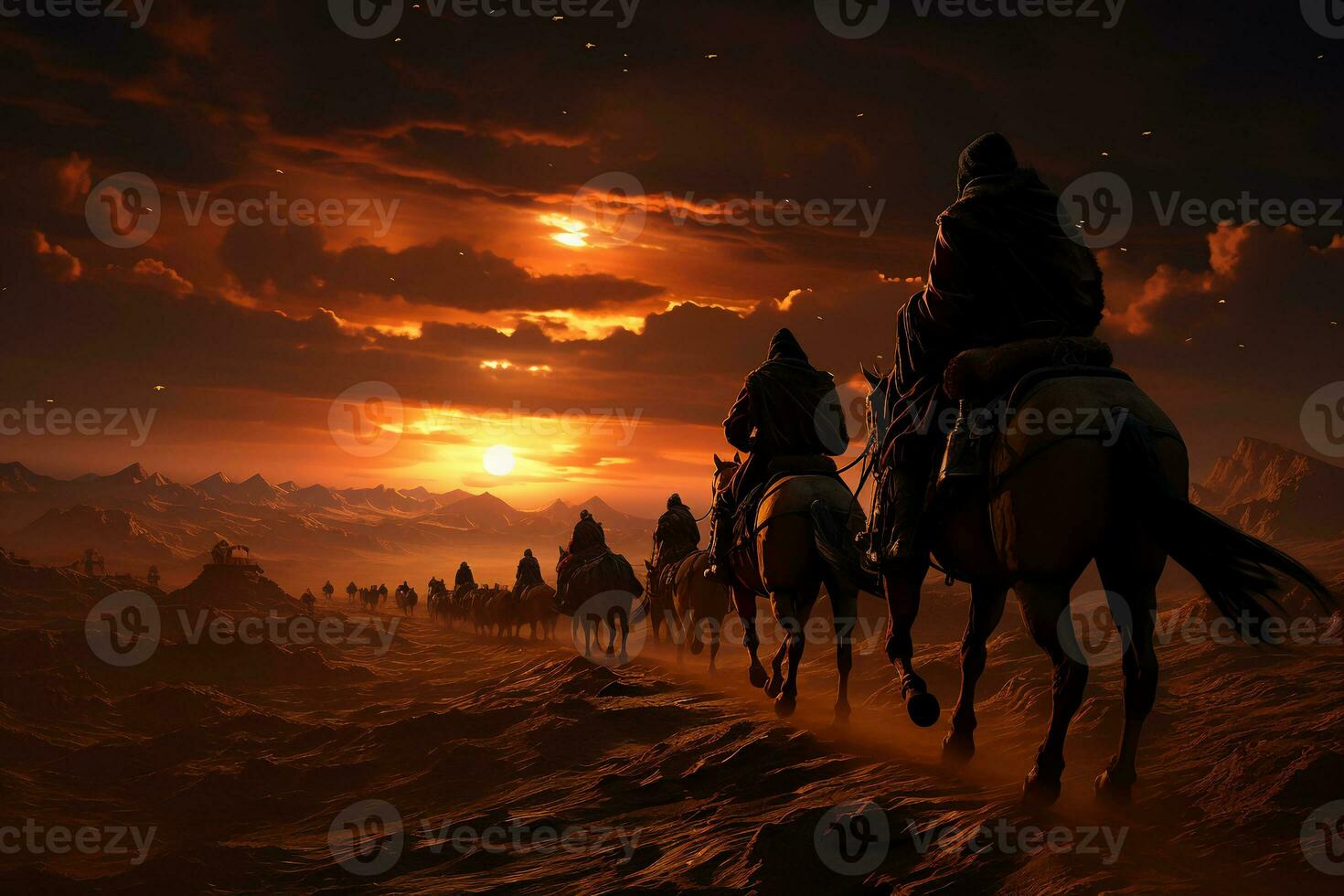 Camel procession in desert wonder, walking on rolling sand dunes, star trail photography. AI generative photo