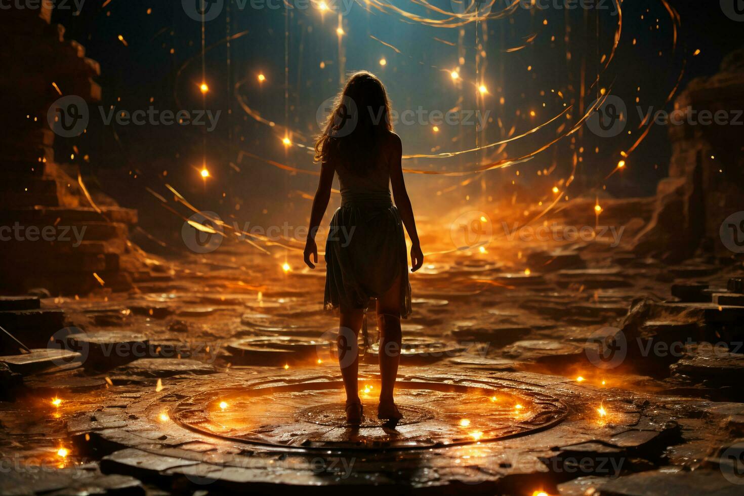 Moral compass, woman standing. AI generative photo