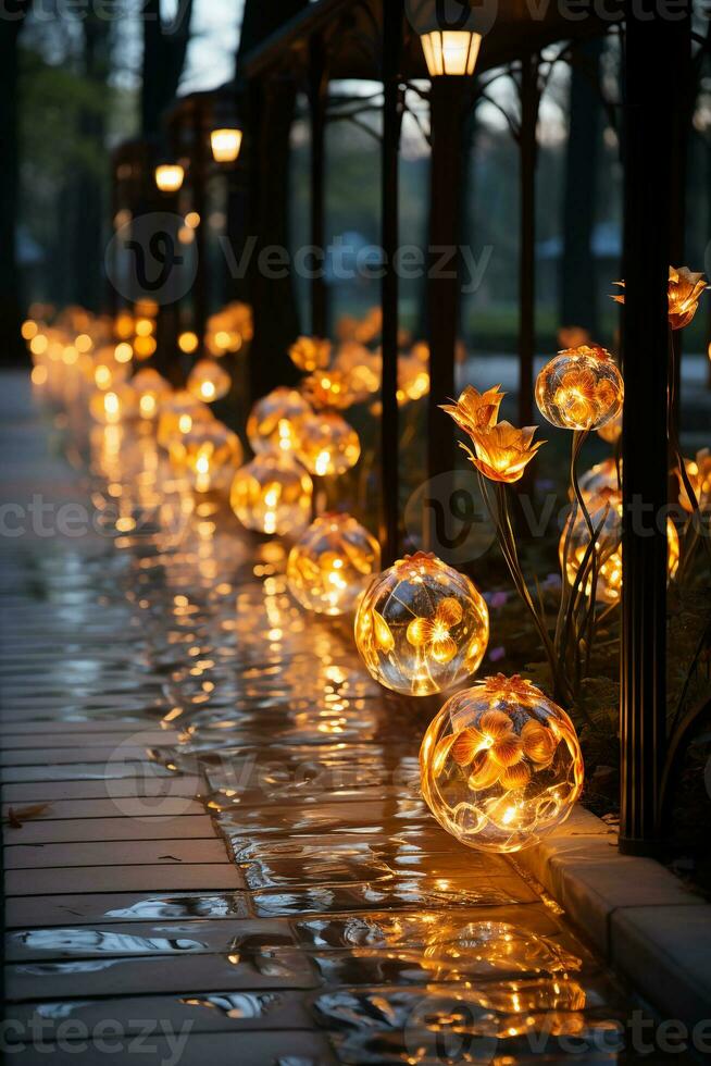 beautiful path full of colorful transparent lanterns. AI generative photo