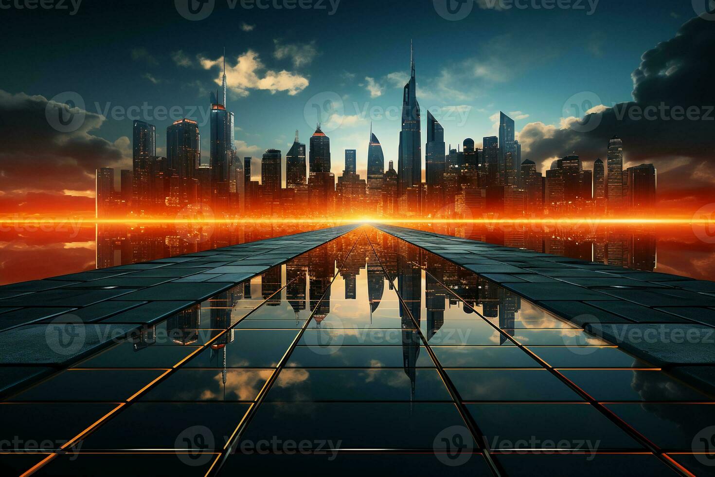 a skyscraper with buildings at night. AI generative photo