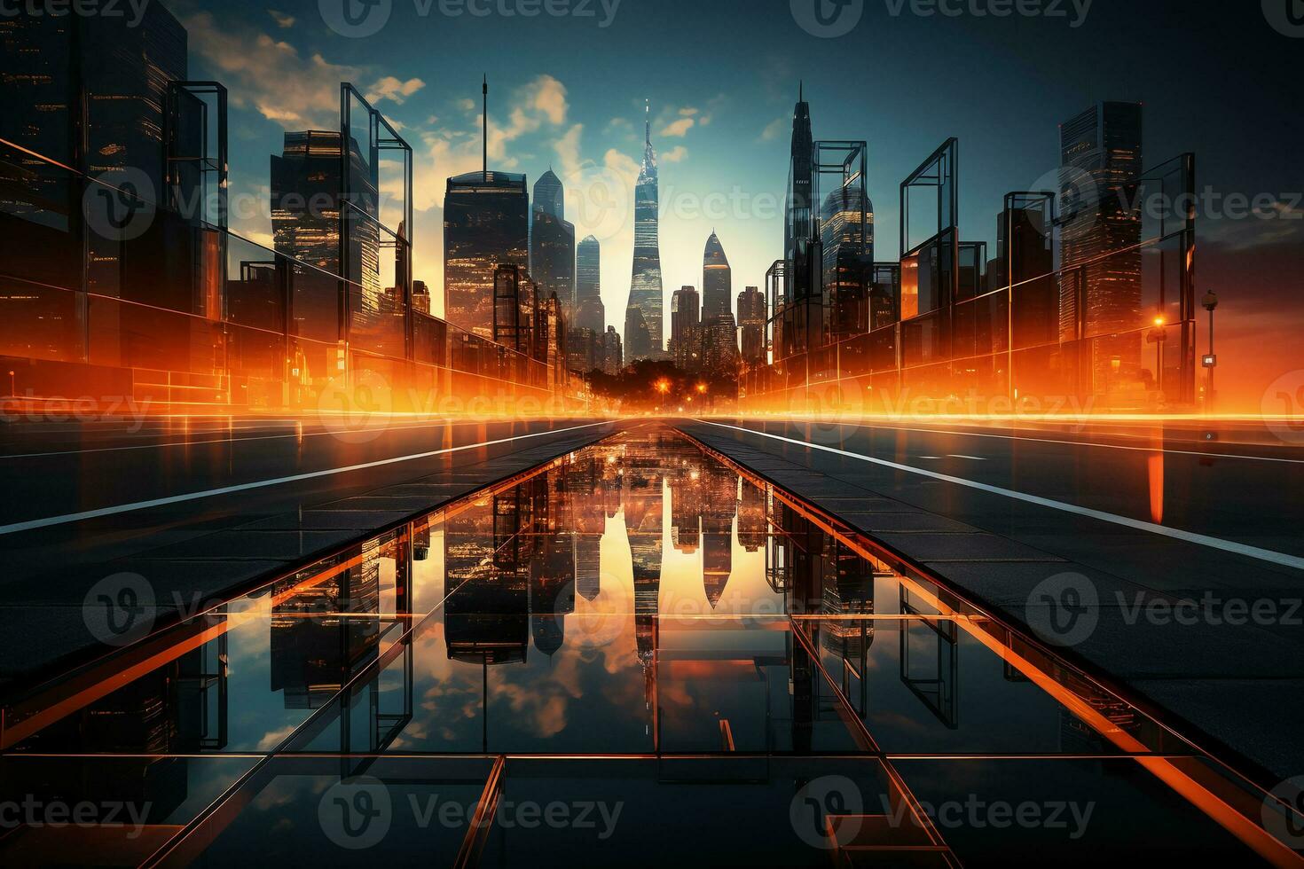 a skyscraper with buildings at night. AI generative photo