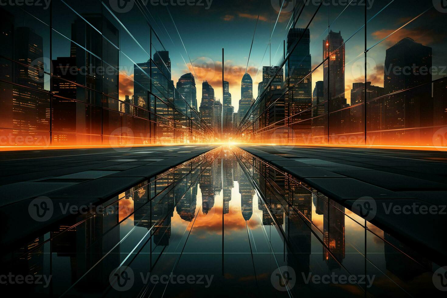 a skyscraper with buildings at night. AI generative photo