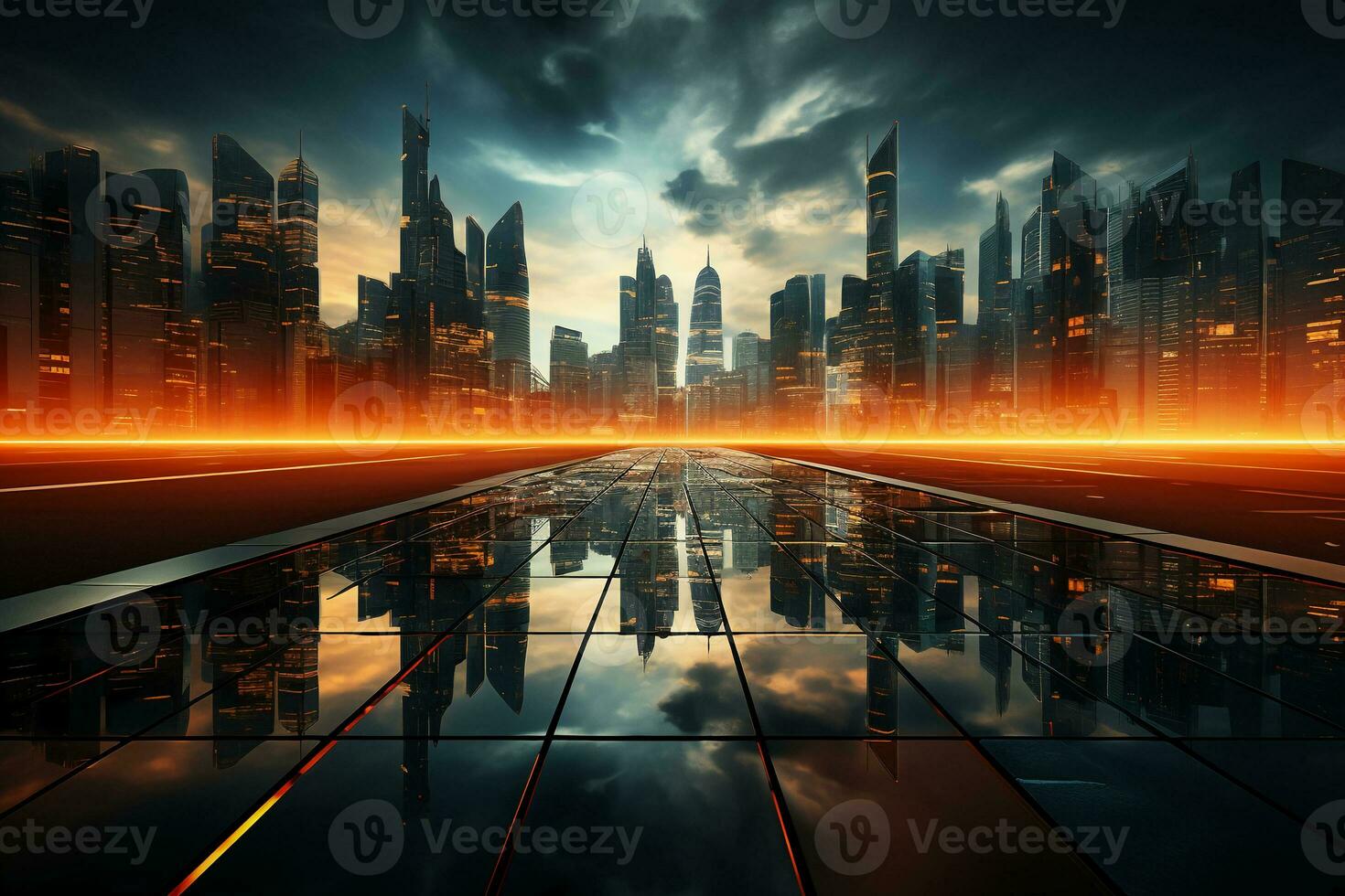 a skyscraper with buildings at night. AI generative photo
