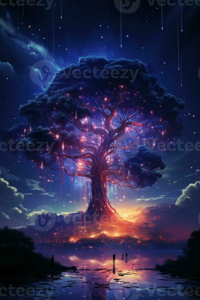 un árbol en frente de un estrellado cielo con púrpura datos corrientes creciente. ai generativo foto