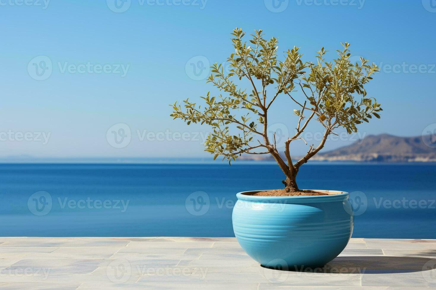 Blue planter near the doorway beside overlooking the sea. AI generative photo