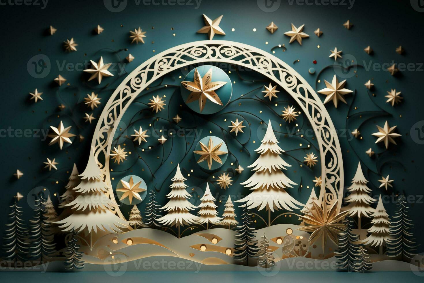 Christmas tree greeting card on snowy background. AI generative photo