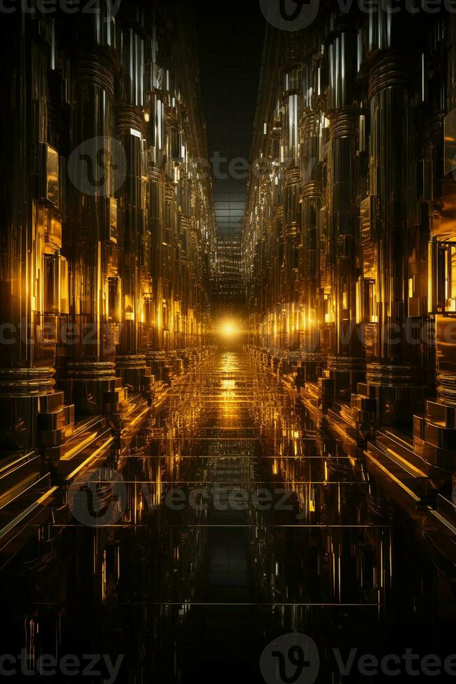 rows of shiny gold bars are neatly stacked, guarded by intricate security systems. AI generative photo