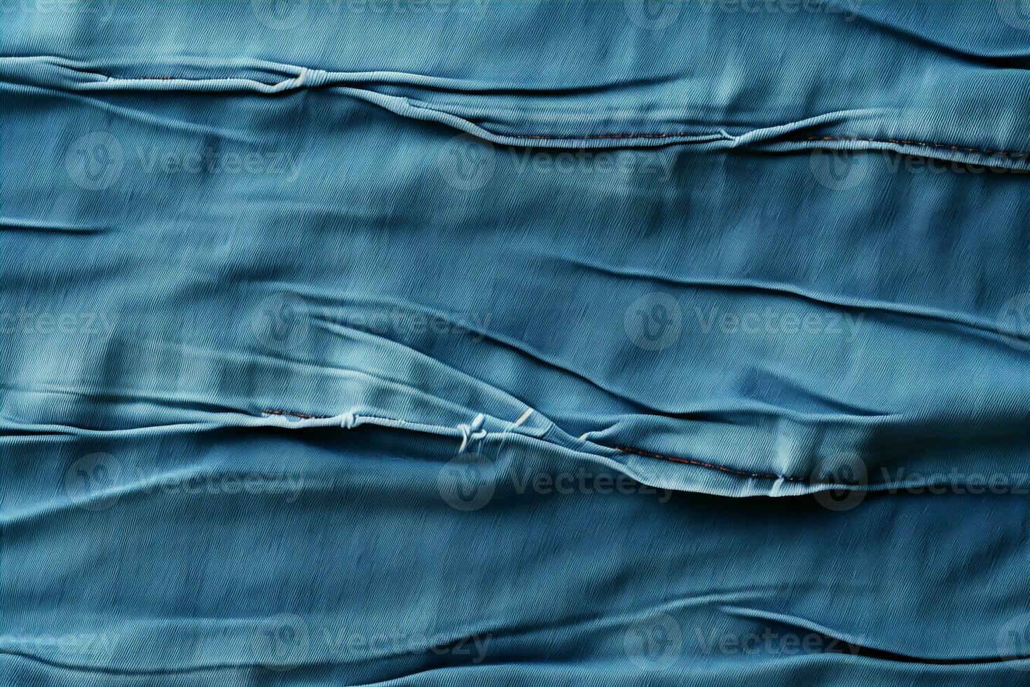 Blue denim background with a seam. Light blue color denim jeans fabric texture. Copy space for text. AI generative photo