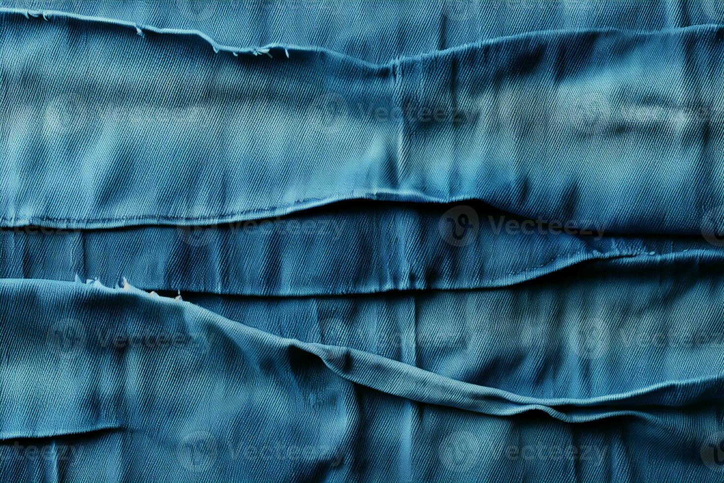 Blue denim background with a seam. Light blue color denim jeans fabric texture. Copy space for text. AI generative photo