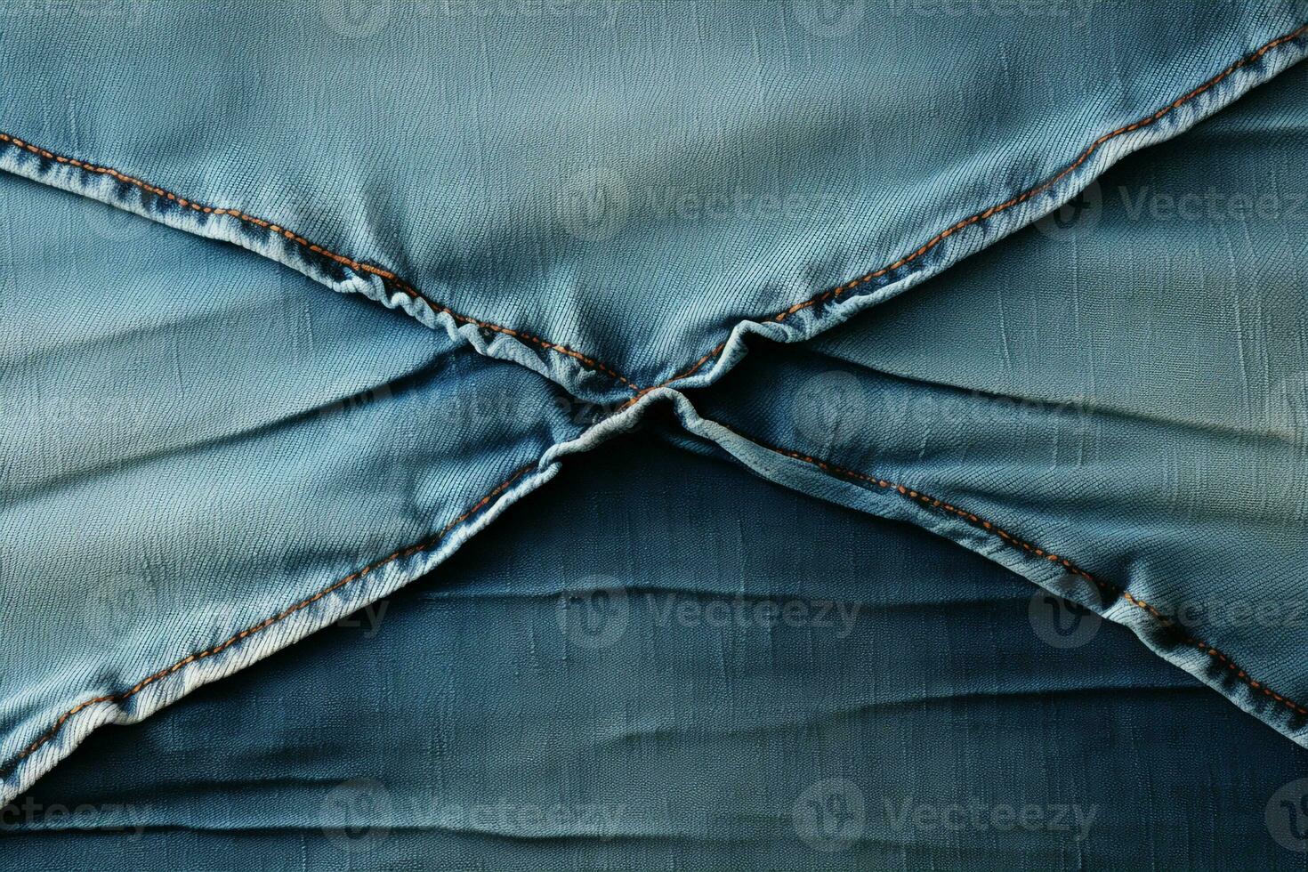 Blue denim background with a seam. Light blue color denim jeans fabric texture. Copy space for text. AI generative photo