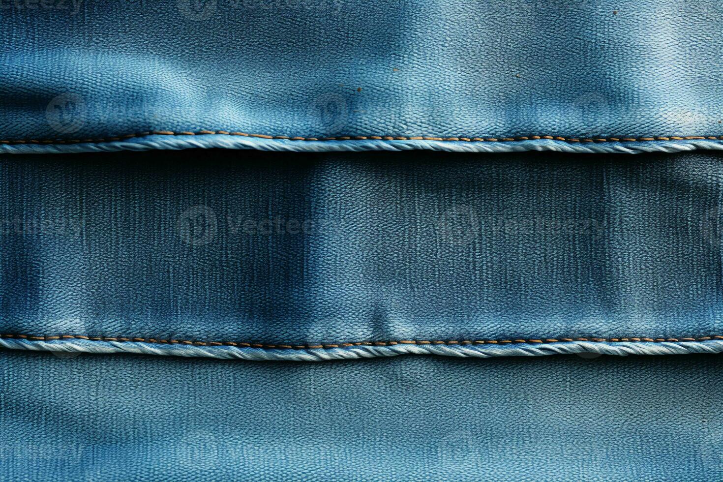 Blue denim background with a seam. Light blue color denim jeans fabric texture. Copy space for text. AI generative photo