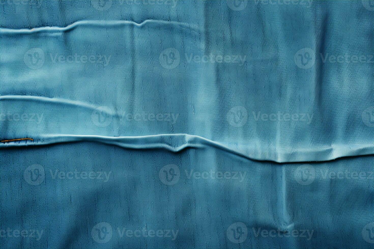Blue denim background with a seam. Light blue color denim jeans fabric texture. Copy space for text. AI generative photo