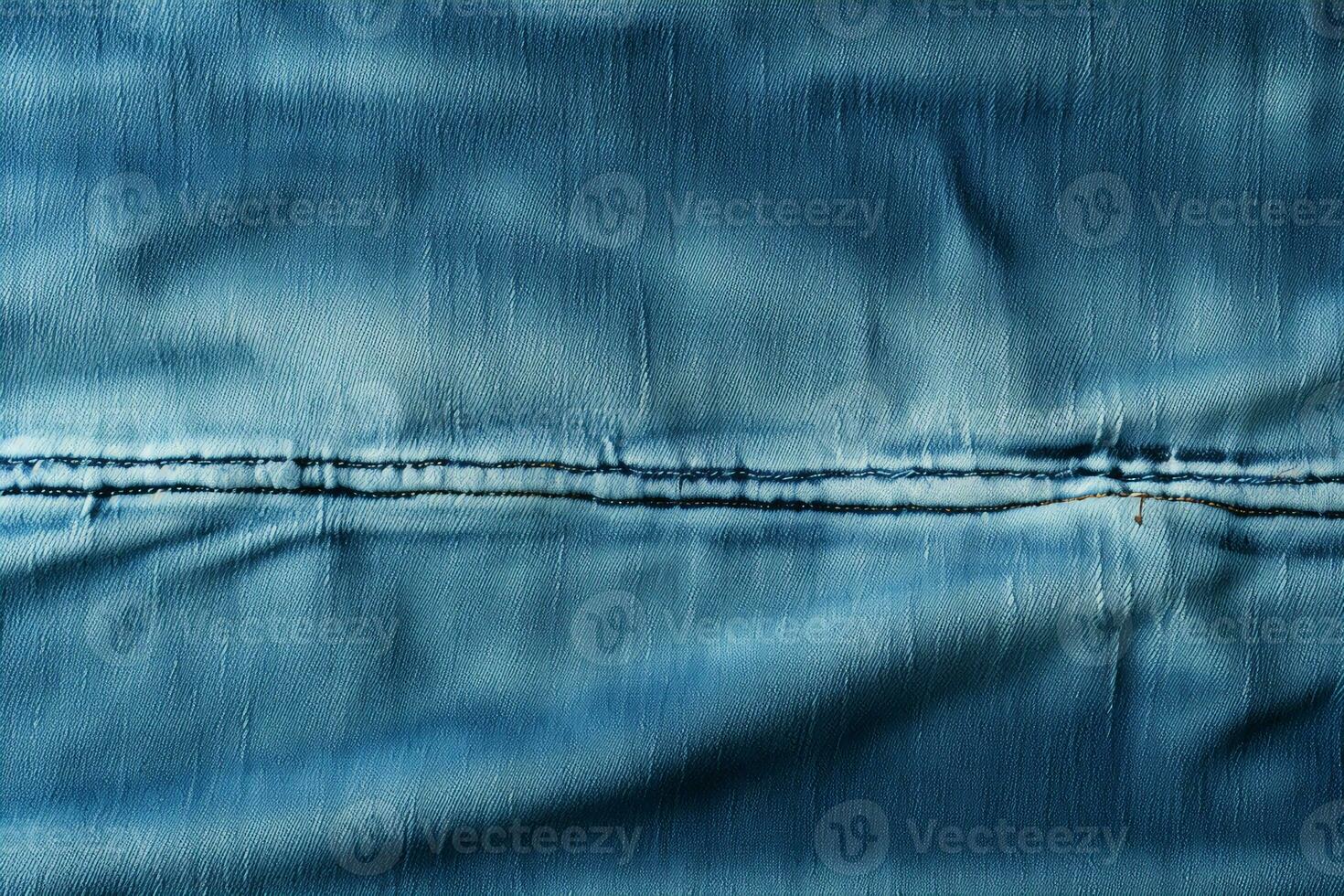 Blue denim background with a seam. Light blue color denim jeans fabric texture. Copy space for text. AI generative photo