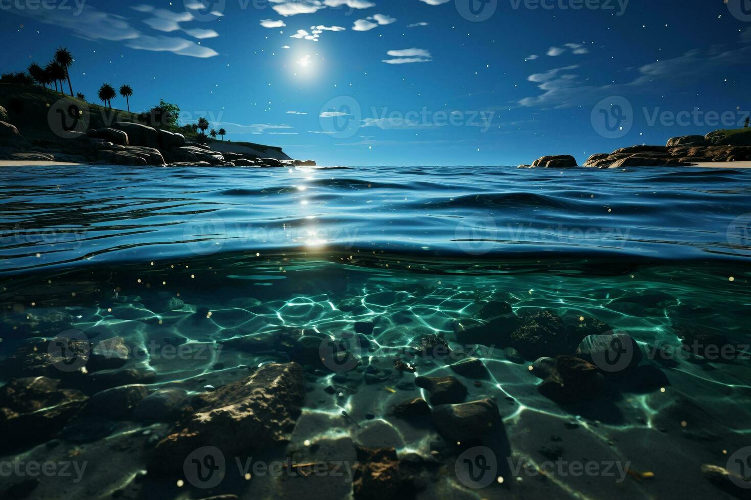 realistic image that captures the elegant charm of a glowing moon suspended low over a tranquil blue sea. AI generative photo