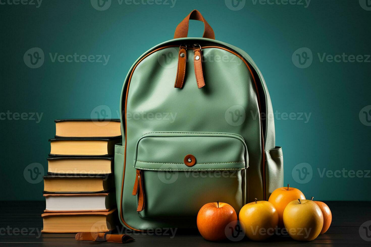 Full school backpack with books isolated on blue background with copy space. AI generative photo