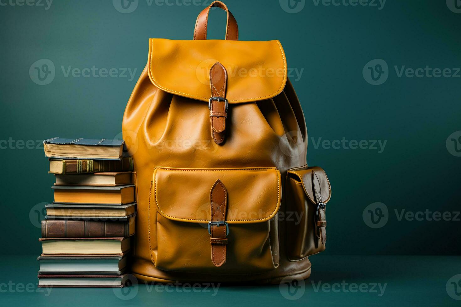 Full school backpack with books isolated on blue background with copy space. AI generative photo