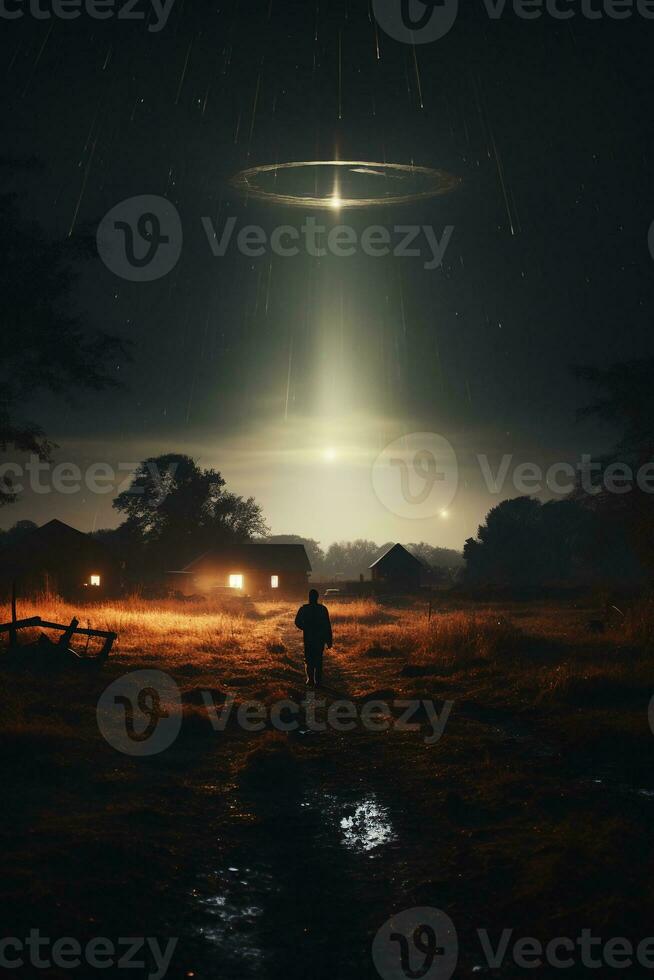 UFO in dark sky. AI generative photo