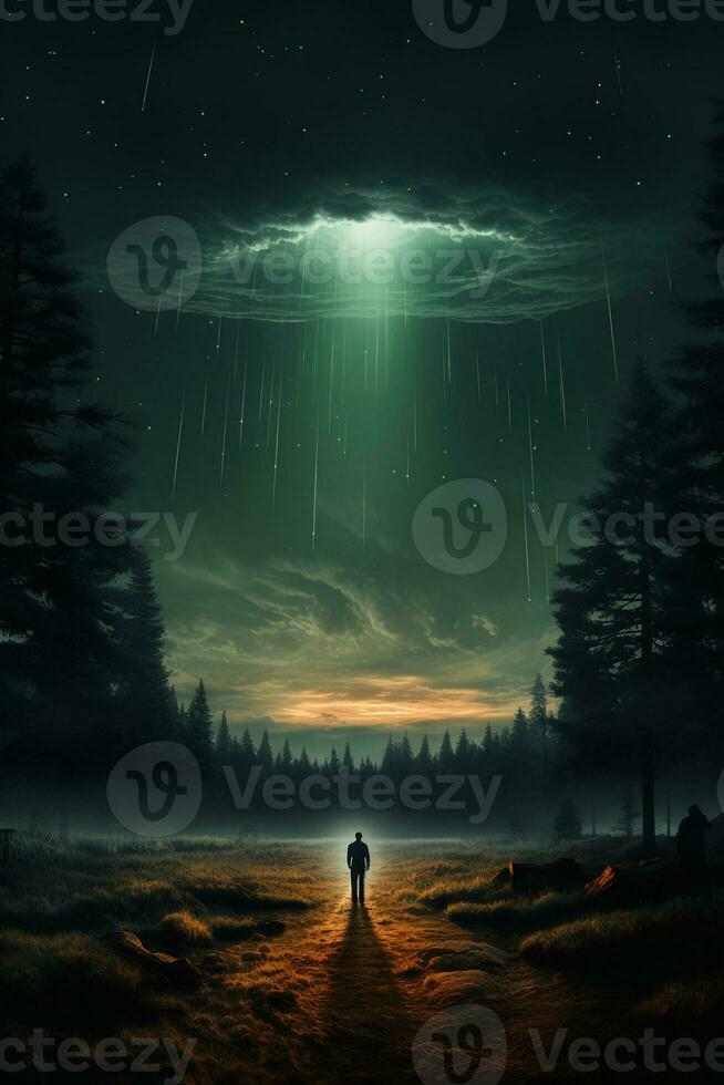 UFO in dark sky. AI generative photo