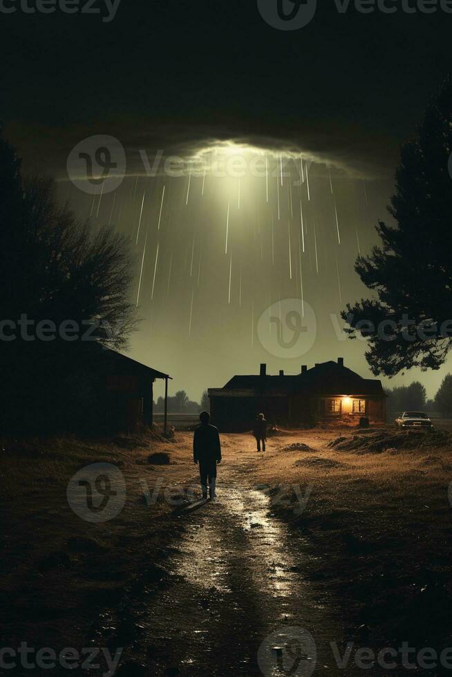 UFO in dark sky. AI generative photo