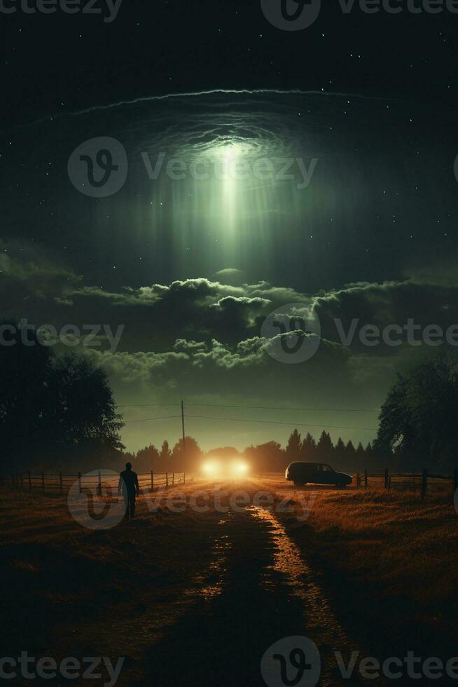 UFO in dark sky. AI generative photo