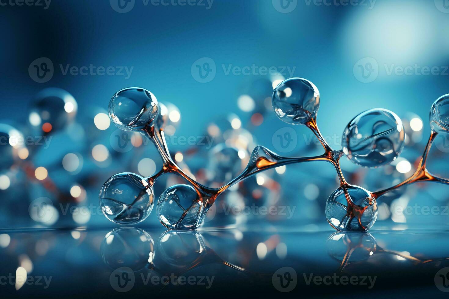 Horizontal banner with model of abstract molecular structure. Background of blue color with glass atom model. AI generative photo