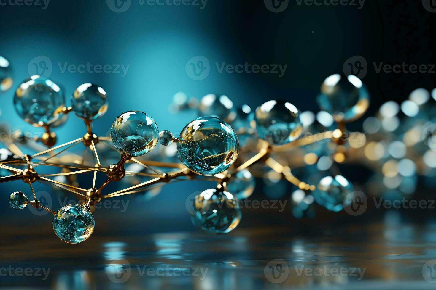 Horizontal banner with model of abstract molecular structure. Background of blue color with glass atom model. AI generative photo