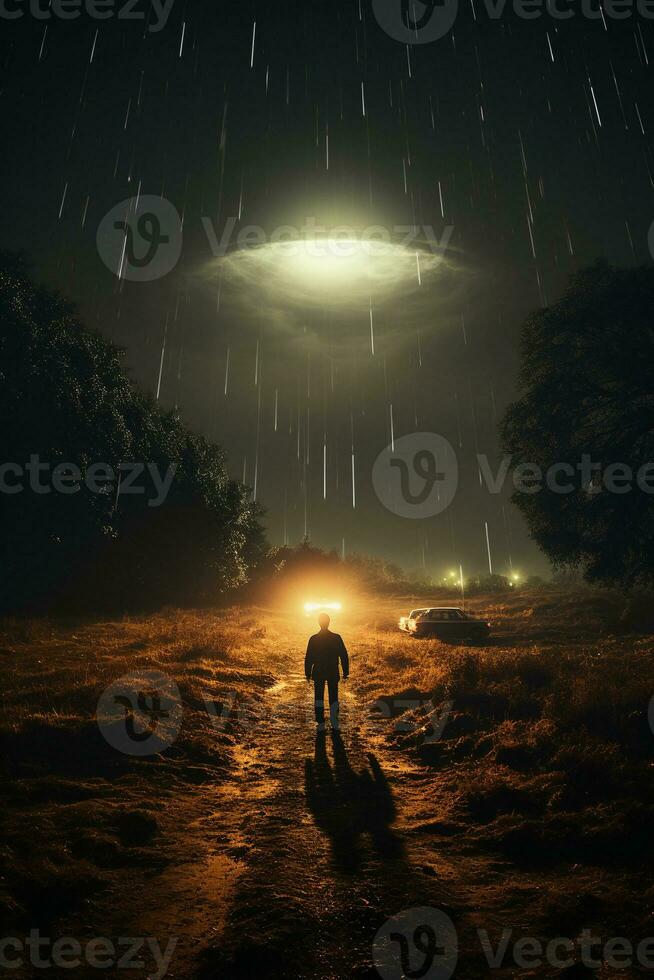 UFO in dark sky. AI generative photo