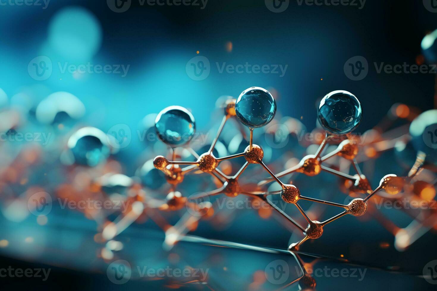 Horizontal banner with model of abstract molecular structure. Background of blue color with glass atom model. AI generative photo