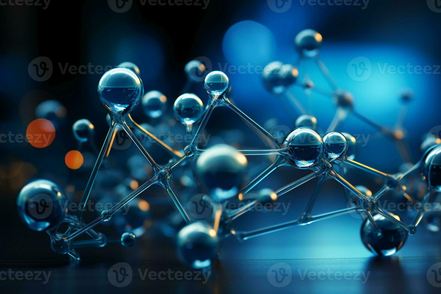 Horizontal banner with model of abstract molecular structure. Background of blue color with glass atom model. AI generative photo