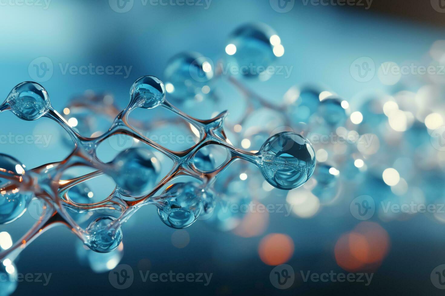 Horizontal banner with model of abstract molecular structure. Background of blue color with glass atom model. AI generative photo