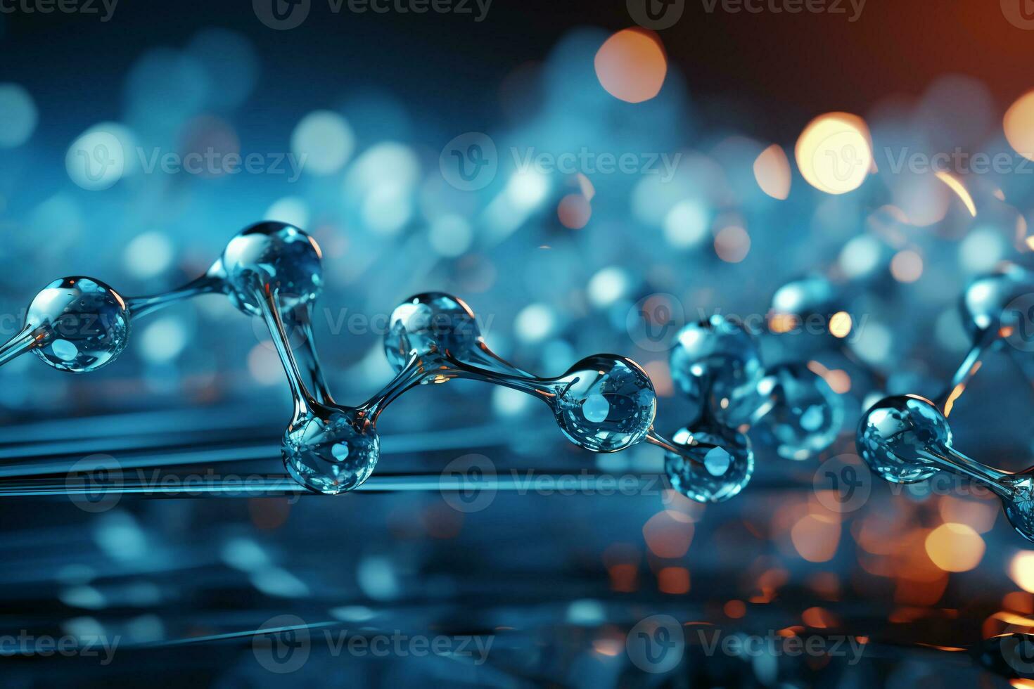 Horizontal banner with model of abstract molecular structure. Background of blue color with glass atom model. AI generative photo