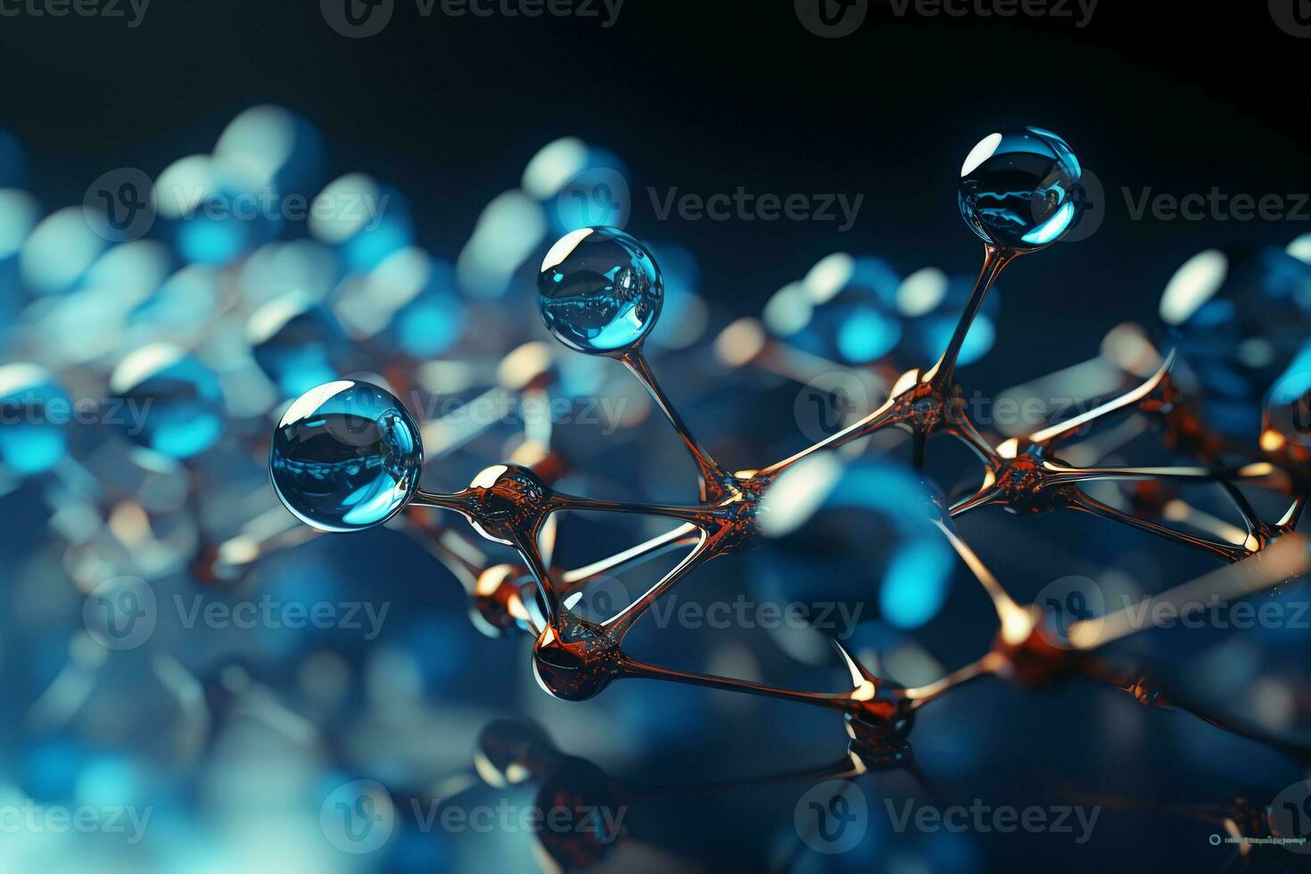 Horizontal banner with model of abstract molecular structure. Background of blue color with glass atom model. AI generative photo