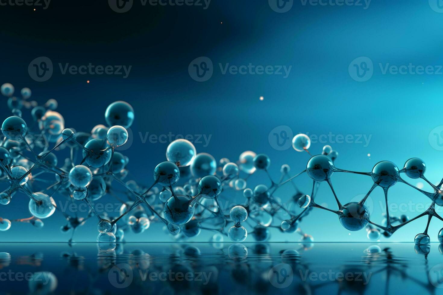 Horizontal banner with model of abstract molecular structure. Background of blue color with glass atom model. AI generative photo