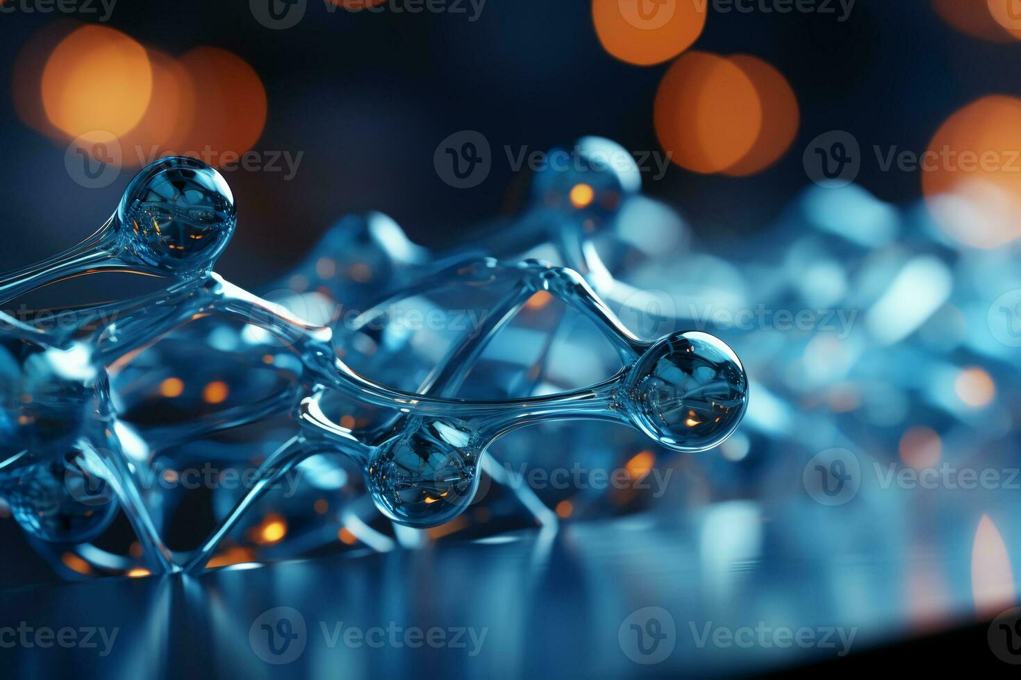 Horizontal banner with model of abstract molecular structure. Background of blue color with glass atom model. AI generative photo