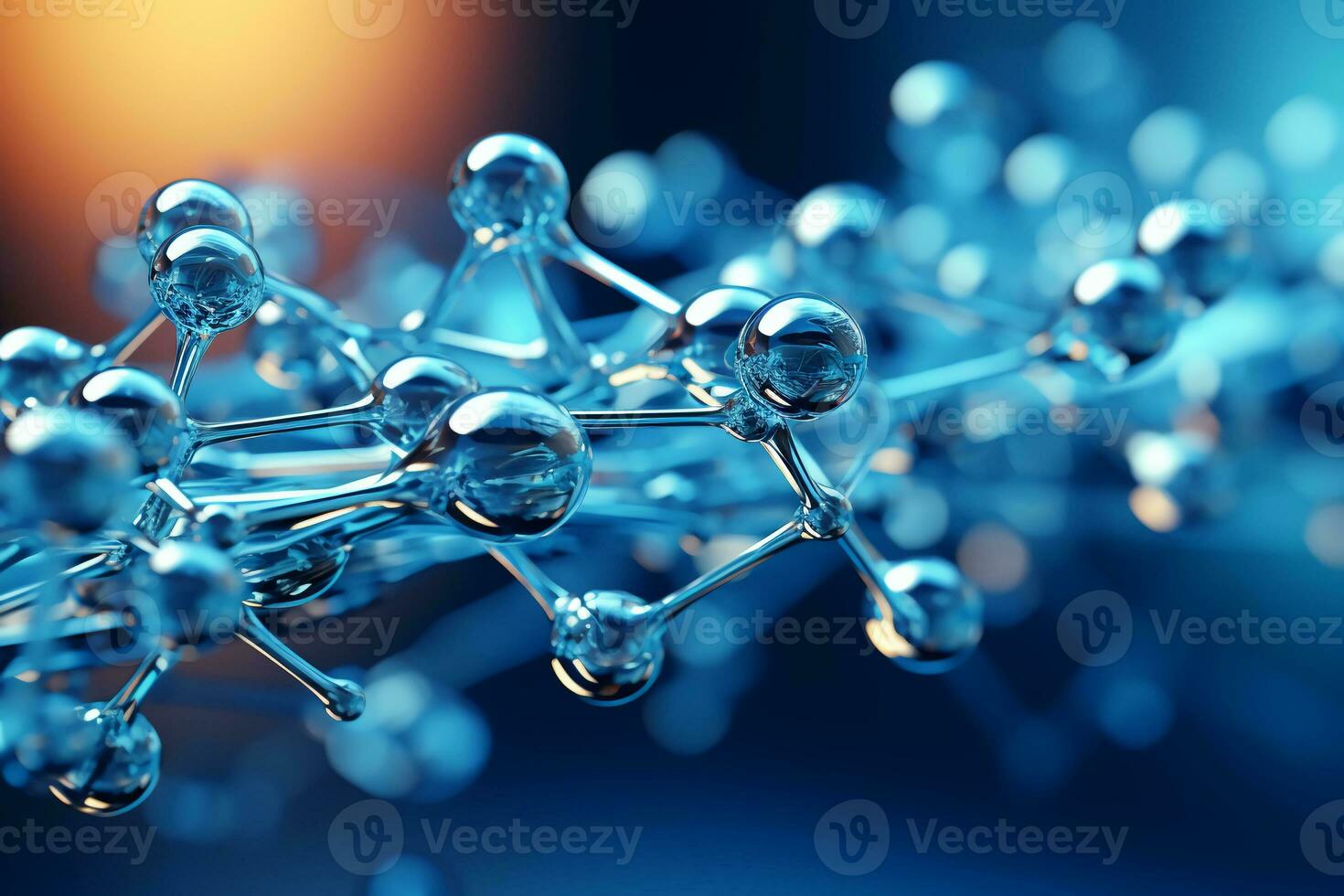 Horizontal banner with model of abstract molecular structure. Background of blue color with glass atom model. AI generative photo